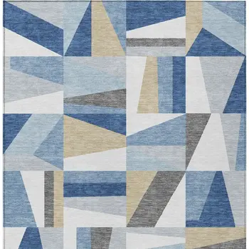9' X 12' Blue Wheat And Ivory Geometric Washable Indoor Outdoor Area Rug