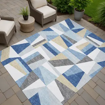 9' X 12' Blue Wheat And Ivory Geometric Washable Indoor Outdoor Area Rug