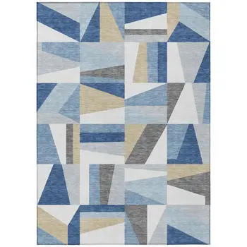 9' X 12' Blue Wheat And Ivory Geometric Washable Indoor Outdoor Area Rug