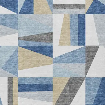 9' X 12' Blue Wheat And Ivory Geometric Washable Indoor Outdoor Area Rug