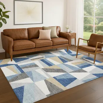 9' X 12' Blue Wheat And Ivory Geometric Washable Indoor Outdoor Area Rug