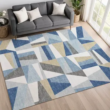 9' X 12' Blue Wheat And Ivory Geometric Washable Indoor Outdoor Area Rug
