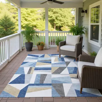 9' X 12' Blue Wheat And Ivory Geometric Washable Indoor Outdoor Area Rug