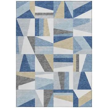 10' X 14' Blue Wheat And Ivory Geometric Washable Indoor Outdoor Area Rug