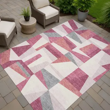 5' X 8' Blush Pewter And Ivory Geometric Washable Indoor Outdoor Area Rug