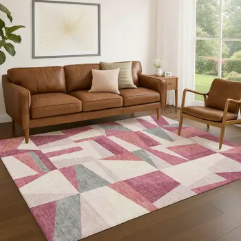 5' X 8' Blush Pewter And Ivory Geometric Washable Indoor Outdoor Area Rug