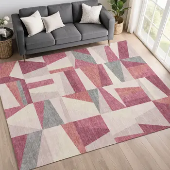 5' X 8' Blush Pewter And Ivory Geometric Washable Indoor Outdoor Area Rug