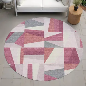 8' Blush Pewter And Ivory Round Geometric Washable Indoor Outdoor Area Rug