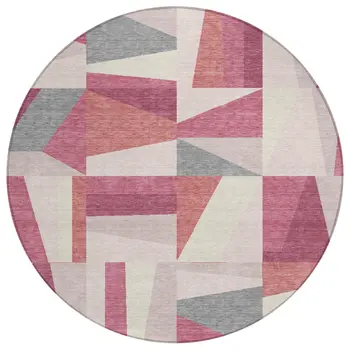 8' Blush Pewter And Ivory Round Geometric Washable Indoor Outdoor Area Rug
