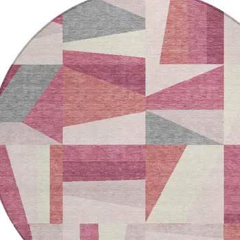 8' Blush Pewter And Ivory Round Geometric Washable Indoor Outdoor Area Rug