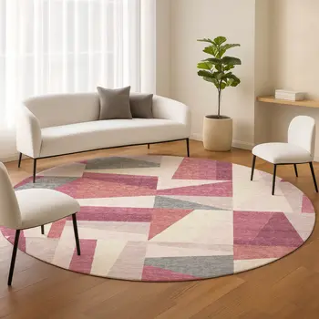 8' Blush Pewter And Ivory Round Geometric Washable Indoor Outdoor Area Rug