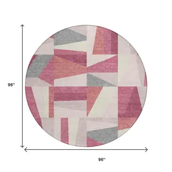 8' Blush Pewter And Ivory Round Geometric Washable Indoor Outdoor Area Rug