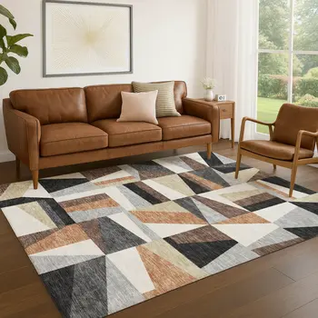 3' X 5' Gray Brown And White Geometric Washable Indoor Outdoor Area Rug