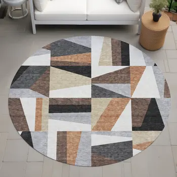 8' Gray Brown And White Round Geometric Washable Indoor Outdoor Area Rug