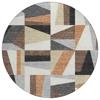 8' Gray Brown And White Round Geometric Washable Indoor Outdoor Area Rug