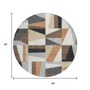 8' Gray Brown And White Round Geometric Washable Indoor Outdoor Area Rug