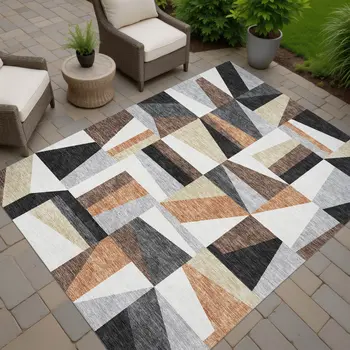 10' X 14' Gray Brown And White Geometric Washable Indoor Outdoor Area Rug