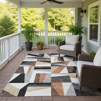 10' X 14' Gray Brown And White Geometric Washable Indoor Outdoor Area Rug