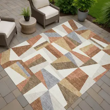3' X 5' Chili Red Beige And Gray Geometric Washable Indoor Outdoor Area Rug