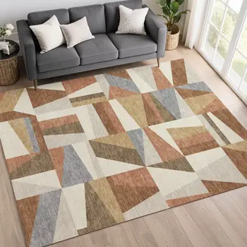 3' X 5' Chili Red Beige And Gray Geometric Washable Indoor Outdoor Area Rug