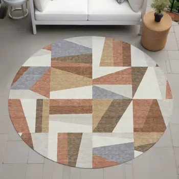 8' Chili Red Beige And Gray Round Geometric Washable Indoor Outdoor Area Rug
