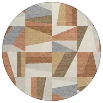 8' Chili Red Beige And Gray Round Geometric Washable Indoor Outdoor Area Rug