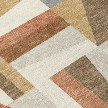 8' Chili Red Beige And Gray Round Geometric Washable Indoor Outdoor Area Rug