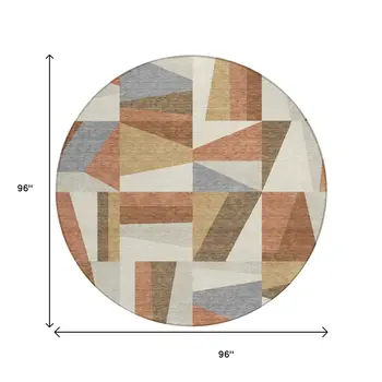 8' Chili Red Beige And Gray Round Geometric Washable Indoor Outdoor Area Rug