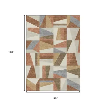 8' X 10' Chili Red Beige And Gray Geometric Washable Indoor Outdoor Area Rug