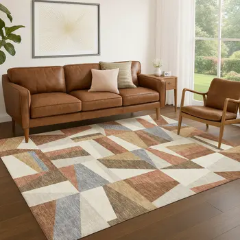 10' X 14' Chili Red Beige And Gray Geometric Washable Indoor Outdoor Area Rug