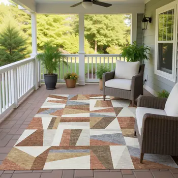 10' X 14' Chili Red Beige And Gray Geometric Washable Indoor Outdoor Area Rug