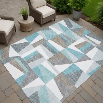5' X 8' Teal Blue Ivory And Gray Geometric Washable Indoor Outdoor Area Rug