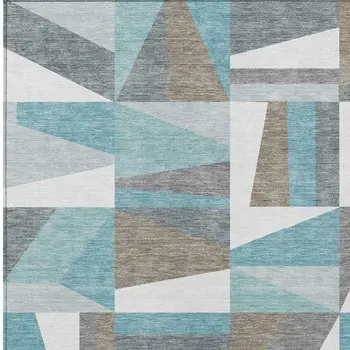 5' X 8' Teal Blue Ivory And Gray Geometric Washable Indoor Outdoor Area Rug