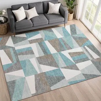 5' X 8' Teal Blue Ivory And Gray Geometric Washable Indoor Outdoor Area Rug