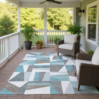 5' X 8' Teal Blue Ivory And Gray Geometric Washable Indoor Outdoor Area Rug