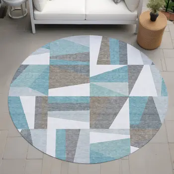 8' Teal Blue Ivory And Gray Round Geometric Washable Indoor Outdoor Area Rug