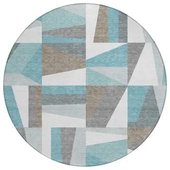8' Teal Blue Ivory And Gray Round Geometric Washable Indoor Outdoor Area Rug