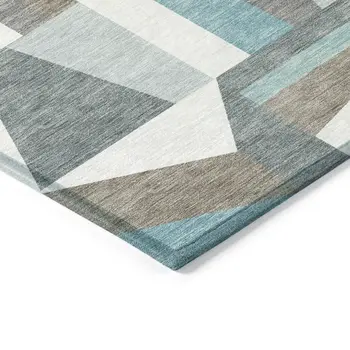 8' Teal Blue Ivory And Gray Round Geometric Washable Indoor Outdoor Area Rug