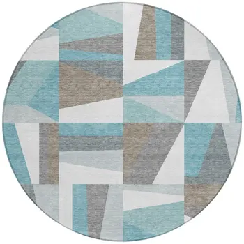 8' Teal Blue Ivory And Gray Round Geometric Washable Indoor Outdoor Area Rug