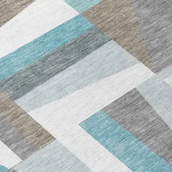 8' Teal Blue Ivory And Gray Round Geometric Washable Indoor Outdoor Area Rug