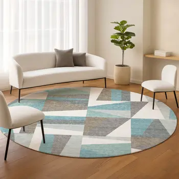8' Teal Blue Ivory And Gray Round Geometric Washable Indoor Outdoor Area Rug