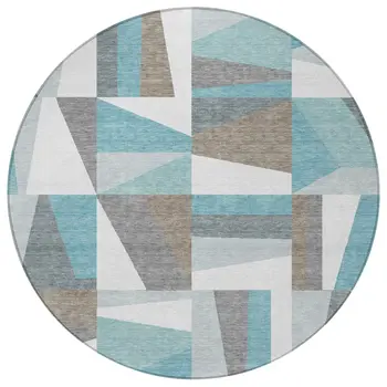 8' Teal Blue Ivory And Gray Round Geometric Washable Indoor Outdoor Area Rug