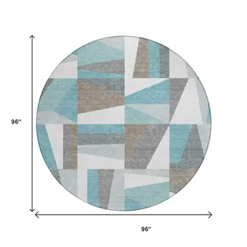 8' Teal Blue Ivory And Gray Round Geometric Washable Indoor Outdoor Area Rug