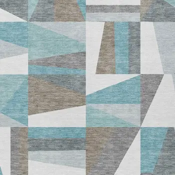 8' X 10' Teal Blue Ivory And Gray Geometric Washable Indoor Outdoor Area Rug