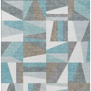9' X 12' Teal Blue Ivory And Gray Geometric Washable Indoor Outdoor Area Rug