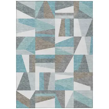 9' X 12' Teal Blue Ivory And Gray Geometric Washable Indoor Outdoor Area Rug