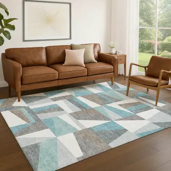 9' X 12' Teal Blue Ivory And Gray Geometric Washable Indoor Outdoor Area Rug