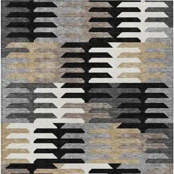 3' X 5' Black White And Wheat Geometric Washable Indoor Outdoor Area Rug