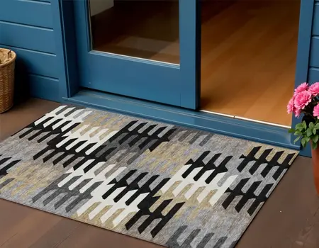 3' X 5' Black White And Wheat Geometric Washable Indoor Outdoor Area Rug