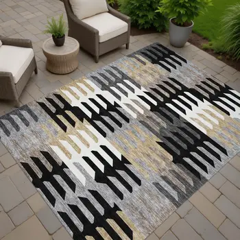 3' X 5' Black White And Wheat Geometric Washable Indoor Outdoor Area Rug